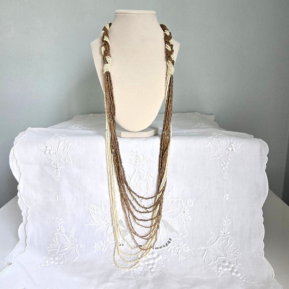 Vintage Beaded Necklace Braided Long Multistrand Cream Bronze Classic Boho Glam